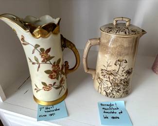 9 " Royal Worcester Pitcher c. 1891 and Borraughs & Mantebank chocolate pot (late 1800s)