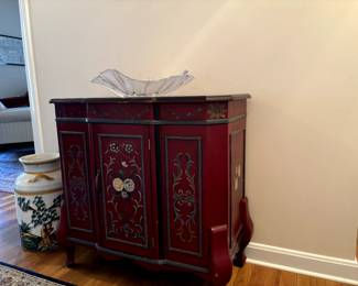 Red Painted Cabinet, antique painted milk jug, Mikasa Glass Bowl