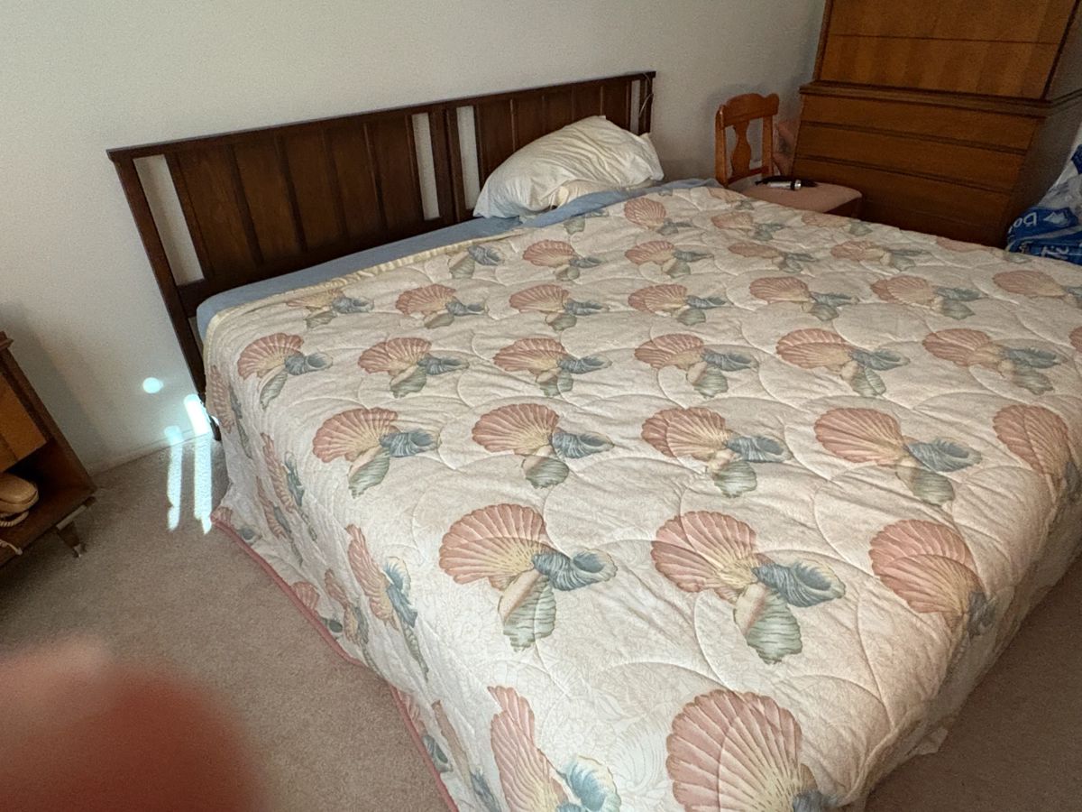 . . . Robinson mid-century king bed and bedding -- part of a complete set with two dressers and two night stands!! what a find!!!