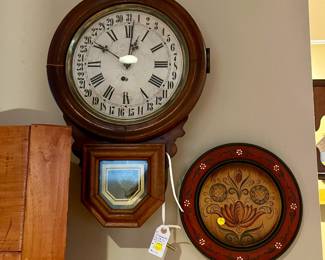 Antique wall clock and Norwegian rosemaling pieces