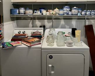 Covered jars, books, antique crockery and china, washer and dryer for sale