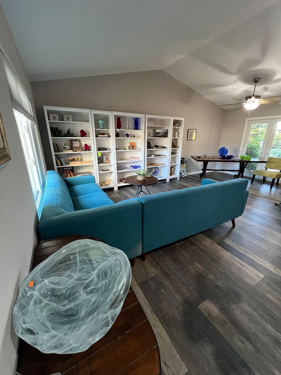 Blue Low Profile Sectional, Bookcases