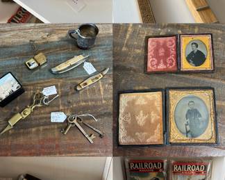 Antiques / Vintage Pieces. Tube Chimes 4 Note Xylophone, Wooden Flute, Antique Daguerreotype Tin Photograph & Case, Antique Keys, Kabar Knife, Antique Candle Wick Trimmer, Vintage Railroad Magazines