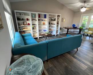 Blue Low Profile Sectional, Bookcases