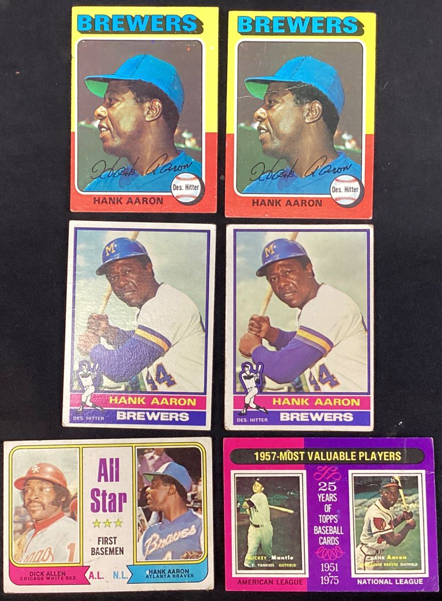 (6) TOPPS (2)1975 HANK AARON #660, (2)1976 HANK AARON #550, 1975 MVP MICKEY MANTLE & HANK AARON #195, T.C.G. ALL STAR DICK ALLEN & HANK AARON BASEBALL CARDS