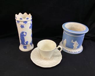 (3) ASSORTED COLLECTIBLES, STEUBEN-VILLE DEMITASSE CUP & SAUCER, GRECIAN PLANTER 4’’ H & SPILL VASE 6’’ H