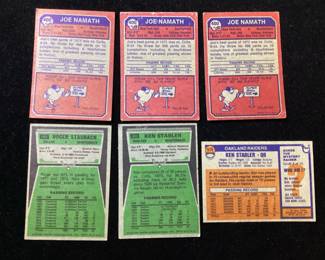 (6) TOPPS FOOTBALL CARDS, (3) JOE NAMATH 1973 #400, ROGER STAUBACH 1975 #145, KEN STABLER 1975 #380, KEN STABLER 1976 #415