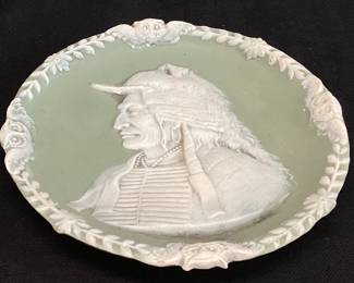 SCHAFER & VATER SIOUX CHIEF BROKEN ARM SAGE GREEN JASPERWARE PLATE, 4.6’’ W