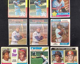 (9) ROD CAREW (2)1975 TOPPS #600, (2)1971 T.C.G. #210, 1976 TOPPS #400, 1974 T.C.G. #50, T.C.G. ROD CAREW & JOE MORGAN, 1977 TOPPS #120, 1974 T.C.G. ROD CAREW & PETE ROSE #201 BASEBALL CARDS