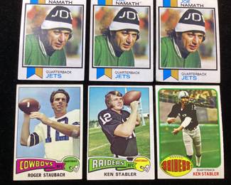 (6) TOPPS FOOTBALL CARDS, (3) JOE NAMATH 1973 #400, ROGER STAUBACH 1975 #145, KEN STABLER 1975 #380, KEN STABLER 1976 #415