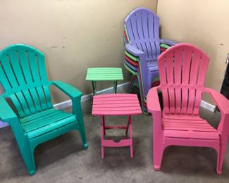 7 ASSORTED ADIRONDACK CHAIRS & 2 END TABLES