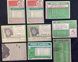 (9) ROD CAREW (2)1975 TOPPS #600, (2)1971 T.C.G. #210, 1976 TOPPS #400, 1974 T.C.G. #50, T.C.G. ROD CAREW & JOE MORGAN, 1977 TOPPS #120, 1974 T.C.G. ROD CAREW & PETE ROSE #201 BASEBALL CARDS