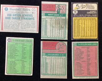 (6) TOPPS BASEBALL CARDS, BOB GIBSON 1975 #3, 1975 #150 & 1973 #190, LOU BROCK 1974 #204, 1975 #540 & 1975 #309