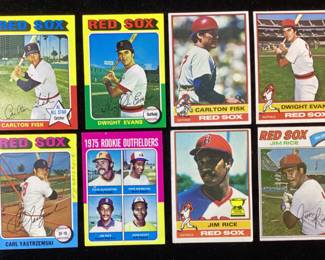 (8) TOPPS BASEBALL CARDS, CARLTON FISK 1973 #80, DWIGHT EVANS 1975 #255, CARLTON FISK 1976 #365, DWIGHT EVANS 1976 #575, CARL YASTRZEMSKI 1975 #280, JIM RICE 1975 #616, 1976 #340 & 1977 #60