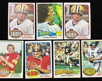 (7) TOPPS FOOTBALL CARDS, (2) ARCHIE MANNING 1976 #485 & 1975 #135, JOE THEISMAN 1976 #231, STEVE SPURRIER 1976 #274, ROMAN GABRIEL 1976 #145 & 1975 #310