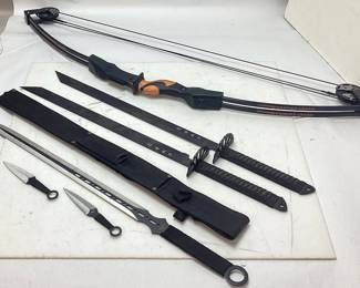 BANSHEE QUAD HUNTING BOW, TACTICAL MACHETE, THROWING KNIVES, SWORDS