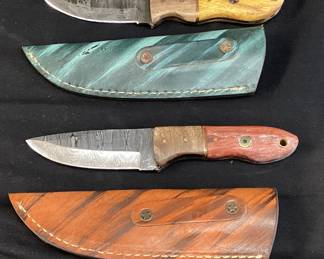 (3) DAMASCUS BLADE KNIVES w LEATHER SHEATHS