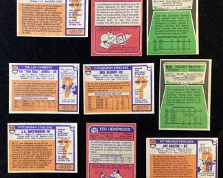 (9) TOPPS FOOTBALL CARDS, LYLE ALZADO 1976 #217 & & 1972 #312, JACK YOUNGBLOOD 1975 #60, ED ‘’TOO TALL’’ JONES 1976 #427, MEL BLOUNT 1976 #430, ROCKY BLEIER 1975 #39, L.C. GREENWOOD 1976 #180, TED HENDRICKS 1973 #430, MEAN JOE GREENE 1976 #245