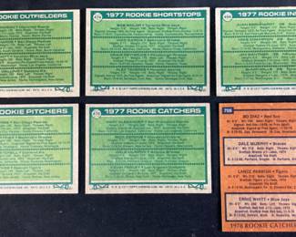 (6) TOPPS 1977 & 78 ROOKIE BASEBALL CARDS, OUTFIELDERS #473, SHORTSTOPS #474, INFIELDERS #494, PITCHERS #491, CATCHERS #476, 1978 CATCHERS #708, ANDRE DAWSON, DENNIS MARTINEZ, DALE MURPHY