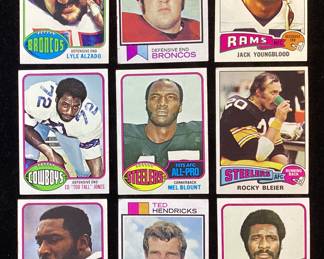 (9) TOPPS FOOTBALL CARDS, LYLE ALZADO 1976 #217 & & 1972 #312, JACK YOUNGBLOOD 1975 #60, ED ‘’TOO TALL’’ JONES 1976 #427, MEL BLOUNT 1976 #430, ROCKY BLEIER 1975 #39, L.C. GREENWOOD 1976 #180, TED HENDRICKS 1973 #430, MEAN JOE GREENE 1976 #245