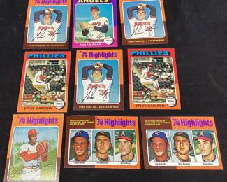 (9) TOPPS BASEBALL CARDS, (3)1975 NOLAN RYAN #5, 1975 NOLAN RYAN #500, (2)1975 STEVE CARLTON #185, 1975 BOB GIBSON #3, (2)1975 NO-HITTERS #7