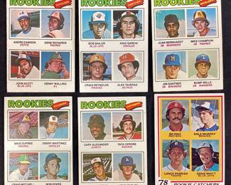 (6) TOPPS 1977 & 78 ROOKIE BASEBALL CARDS, OUTFIELDERS #473, SHORTSTOPS #474, INFIELDERS #494, PITCHERS #491, CATCHERS #476, 1978 CATCHERS #708, ANDRE DAWSON, DENNIS MARTINEZ, DALE MURPHY