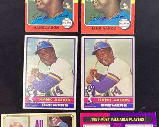 (6) TOPPS (2)1975 HANK AARON #660, (2)1976 HANK AARON #550, 1975 MVP MICKEY MANTLE & HANK AARON #195, T.C.G. ALL STAR DICK ALLEN & HANK AARON BASEBALL CARDS