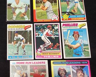 (8) TOPPS BASEBALL CARDS, 1975 ROOKIE STEVE GARVEY #140, 1976 STEVE GARVEY #150, 1977 STEVE GARVEY #400, 1976 MIKE SCHMIDT #480, 1977 MIKE SCHMIDT #140, 1977 HOME RUN LDRS #2, 1975 HOME RUN LDRS #307, STEVE GARVEY #341,