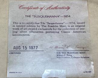 THE ‘’SUSQUEHANNA’’-1854 STERLING SILVER LOCOMOTIVE SILHOUETTE, 1977 THE FRANKLIN MINT CERTIFIED