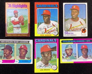 (6) TOPPS BASEBALL CARDS, BOB GIBSON 1975 #3, 1975 #150 & 1973 #190, LOU BROCK 1974 #204, 1975 #540 & 1975 #309