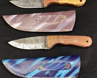 (3) DAMASCUS BLADE KNIVES w LEATHER SHEATHS