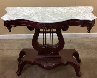 VICTORIAN J.B. VAN SCIVER STYLE MARBLE TOP LYRE HARP ENTRY TABLE