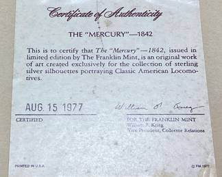 THE ‘’MERCURY’’-1842 STERLING SILVER LOCOMOTIVE SILHOUETTE, 1977 THE FRANKLIN MINT CERTIFIED