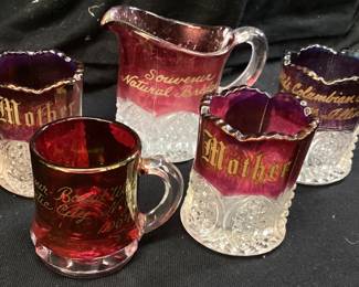 (5) RUBY FLASH GLASS SOUVENIR CUPS & CREAMER