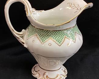 PORCELAIN GREEN, WHITE & GOLD PITCHER, MARKED 85L9, 6’’ H & 5.5’’ W