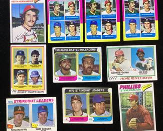 (10) TOPPS BASEBALL CARDS, KEITH HERNANDEZ 1977 #95, (3) KEITH HERNANDEZ 1975 #623, PAUL MOLITOR 1978 #707, REGGIE JACKSON 1974 #203, JIM RICE 1978 #202, NOLAN RYAN 1977 #6, NOLAN RYAN 1974 #207, STEVE CARLTON 1977 #110