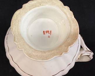 PORCELAIN GREEN, WHITE & GOLD PITCHER, MARKED 85L9, 6’’ H & 5.5’’ W