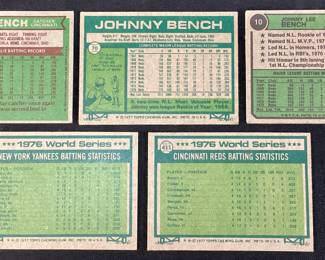 (5) JOHNNY BENCH 1976 TOPPS #300, 1977 TOPPS #70 1974 T.C.G. #10, 1977 TOPPS #411, 1977 TOPPS #412 BASEBALL CARDS