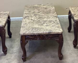  (3) TRADITIONAL STYLE FAUX MARBLE TOP COFFEE TABLE & SIDE TABLES