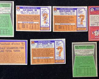 (7) TOPPS FOOTBALL CARDS, DREW PEARSON 1975 #65, CLIFF BRANCH 1976 #173, DREW PEARSON 1976 #313, FRED BILETNIKOFF 1973 #320, TERRY METCALF 1976 #5, BILLY ‘’WHITE SHOES’’ JOHNSON, 1976 #223, MERCURY MORRIS 1975 #475