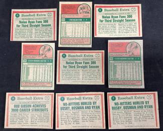 (9) TOPPS BASEBALL CARDS, (3)1975 NOLAN RYAN #5, 1975 NOLAN RYAN #500, (2)1975 STEVE CARLTON #185, 1975 BOB GIBSON #3, (2)1975 NO-HITTERS #7