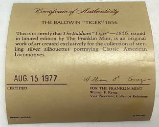 THE BALDWIN ‘’TIGER’’-1856 STERLING SILVER LOCOMOTIVE SILHOUETTE, 1977 THE FRANKLIN MINT CERTIFIED IN FRAME