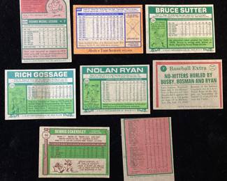 (8) TOPPS BASEBALL CARDS, RICH ‘’GOOSE’’ GOSSAGE 1975 #554, TOM SEAVER 1978 #450, BRUCE SUTTER 1977 #144, RICH GOSSAGE 1977 #319, NOLAN RYAN 1977 #650 & 1975 #7, DENNIS ECKERSLEY 1976 #98