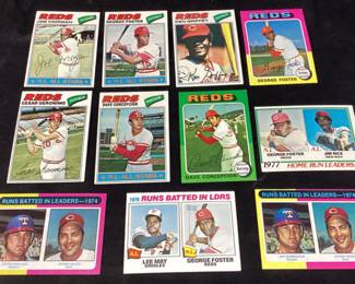 (11) TOPPS CINCINNATI REDS (2) 1975 JOHNNY BENCH #308, 1977 JOE MORGAN #100, 1975 DAVE CONCEPCION #17, 1977 DAVE CONCEPCION #560, 1976-1977 GEORGE FOSTER #3 & #202, 1975 GEORGE FOSTER #87, 1977 GEORGE FOSTER #347, 1977 CESAR GERONIMO #535 & 1977 KEN GRIFFEY #320