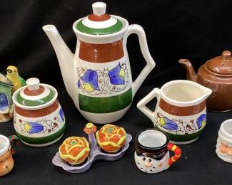 ASSORTED DISHES, MCM JAPANESE BLUEBELL TEA SET, SALT & PEPPER SET, CERAMIC HOLIDAY MUGS
