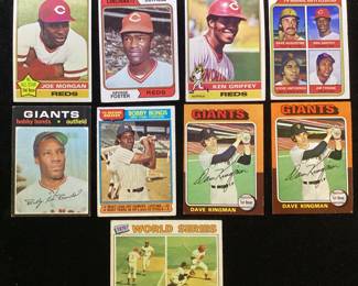 (9) TOPPS BASEBALL CARDS, JOE MORGAN 1976 #420, GEORGE FOSTER 1974 #646, KEN GRIFFEY 1976 #128, 1975 #598, BOBBY BONDS 1971 #295, 1976 #2, DAVE KINGMAN (2) 1975 #156, 1977 #411