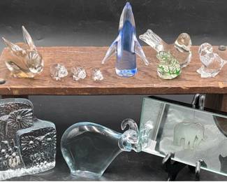 Glass animals owls,rabbit, birds, pigs, elephant, penguin and goat figurines