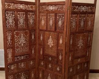 Vintage Pierced-Carved Inlaid Teak 3-Panel Room Divider