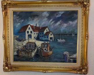 Harbor Scene
Textured painting embellished in gold frame.