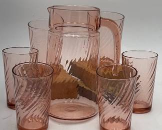 Vintage Pink Swirl Pitcher And Glass Set